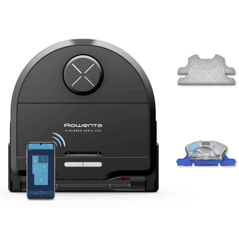 Aspirator robot Rowenta X-Plorer Serie 220 RR9465WH, aspirator si mop, autonomie 120 min, recipient praf 0.35L, nivel de zgomot 70 dB(A), sistem Smart Aqua Power, negru