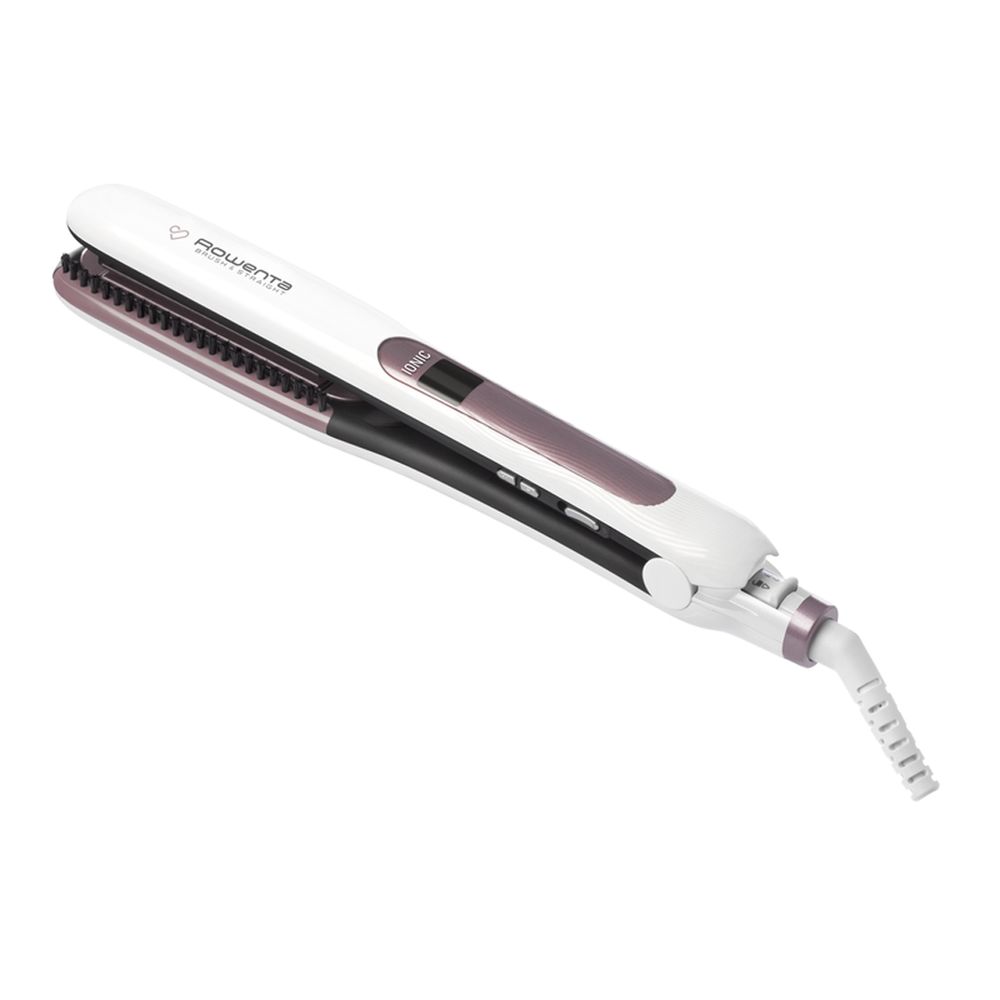 Placă de păr Rowenta Brush&Straight Premium Care SF7510F0, LCD, 130 - 200 °C, perie integrată cu peri turali, plăci mobile, ionizare, Cashmere Keratin, alb&mov