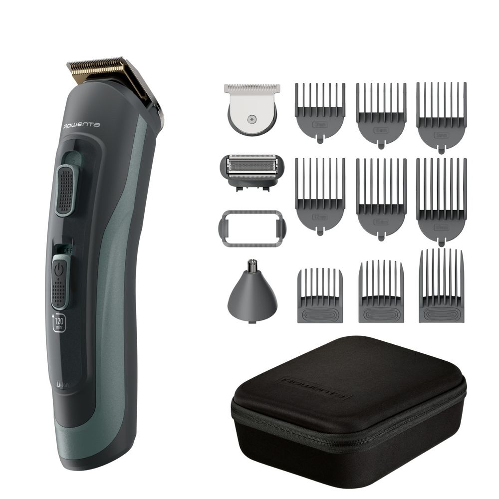 Aparat de tuns multifunctional Rowenta Selectium 15 in 1 TN9444E0, 6500 rpm, autonomie pana la 120 min, lame din inox cu invelis din titan, Wet & Dry, incarcare USB, negru & verde