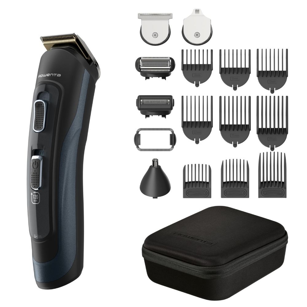 Aparat de tuns multifunctional Rowenta Selectium 17 in 1 TN9464E0, 2 trepte de viteza, tehnologie Wet & Dry, lame din inox, sistem de monitorizare a nivelului bateriei, negru & albastru