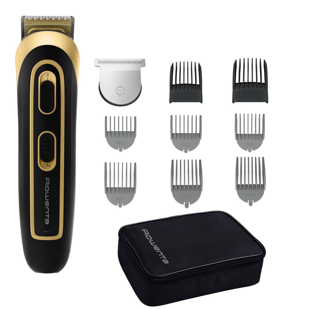 Aparat de tuns multifunctional Rowenta Trim&Style 11 in 1 TN9118F0, 6500 rpm, tehnologie Wet & Dry, lame din inox, incarcare rapida, negru & auriu  