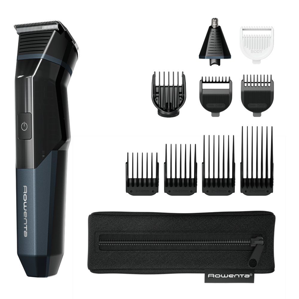 Aparat de tuns multifunctional Rowenta X Series 700 11 in 1 TN9610E0, 7500 RPM, autonomie 270 minute, lame din inox, 7 piepteni, tehnologie Wet & Dry, incarcare rapida, geanta pentru depozitare, negru & verde