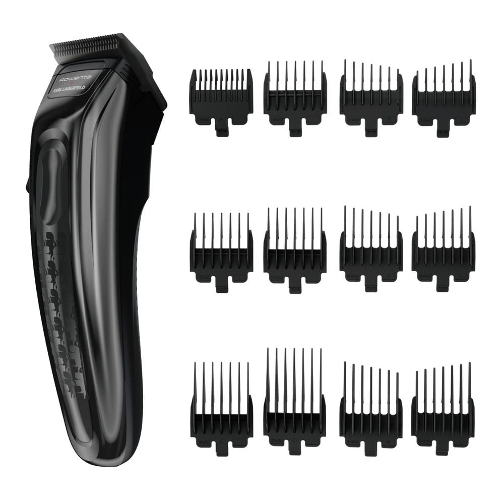 Aparat de tuns Rowenta x Karl Lagerfeld Barber Experience TN155LE0, 6500 rpm, autonomie 150 min, 6 piepteni ficsi, 6 piepteni fade, lame inox, indicator LED, baza de incarcare, negru & gri