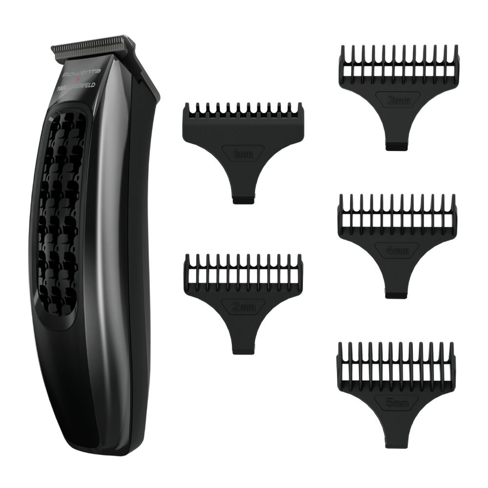 Aparat de tuns Rowenta x Karl Lagerfeld Barber Experience TN185LE0, 6500 rpm, autonomie 90 min, 5 piepteni ficsi, lame inox, baza de incarcare, indicator LED, negru & gri