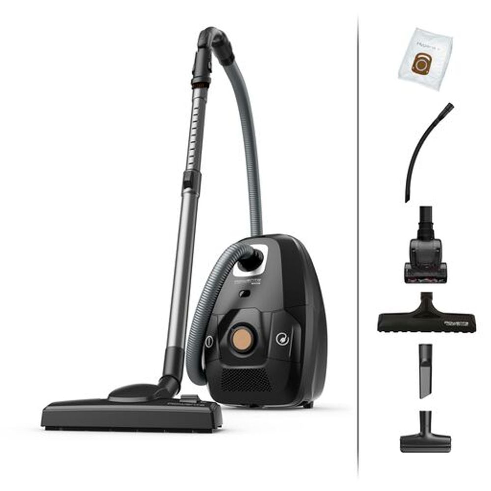 Aspirator cu sac Rowenta Green Force Effitech Total Clean RO6189EA, 400W, 3 niveluri de filtrare, lungime cablu 8.4m, recipient praf 4.5L, perie EasyBrush, indicator umplere sac, Negru