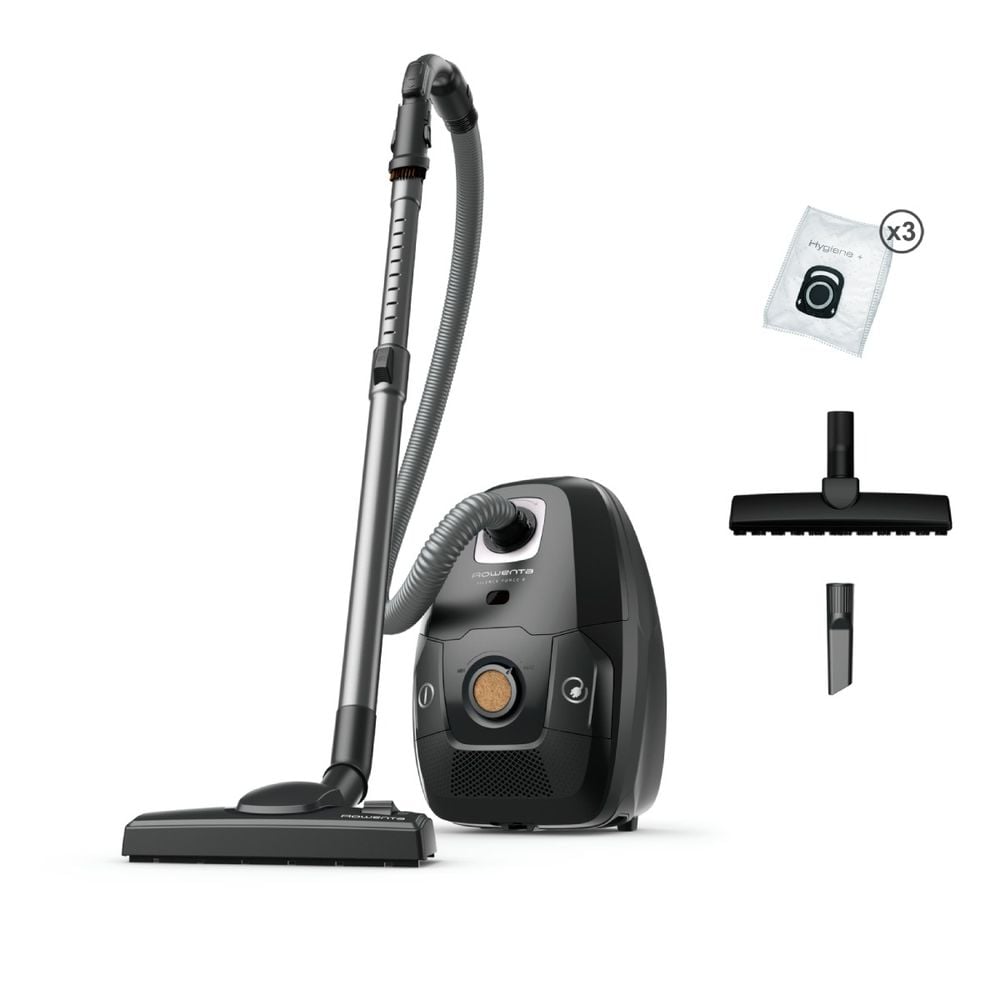 Aspirator cu sac Rowenta Silence Force 8 RO6176E0, 900 W, capacitate recipient praf 4.5 L, nivel zgomot 65 dB, raza de actiune 12 m, filtrare HEPA 99.98%, perie PowerGlide Plus, perie parchet, accesoriu pentru spatii inguste, 3 saci Hygiene+, negru & maro