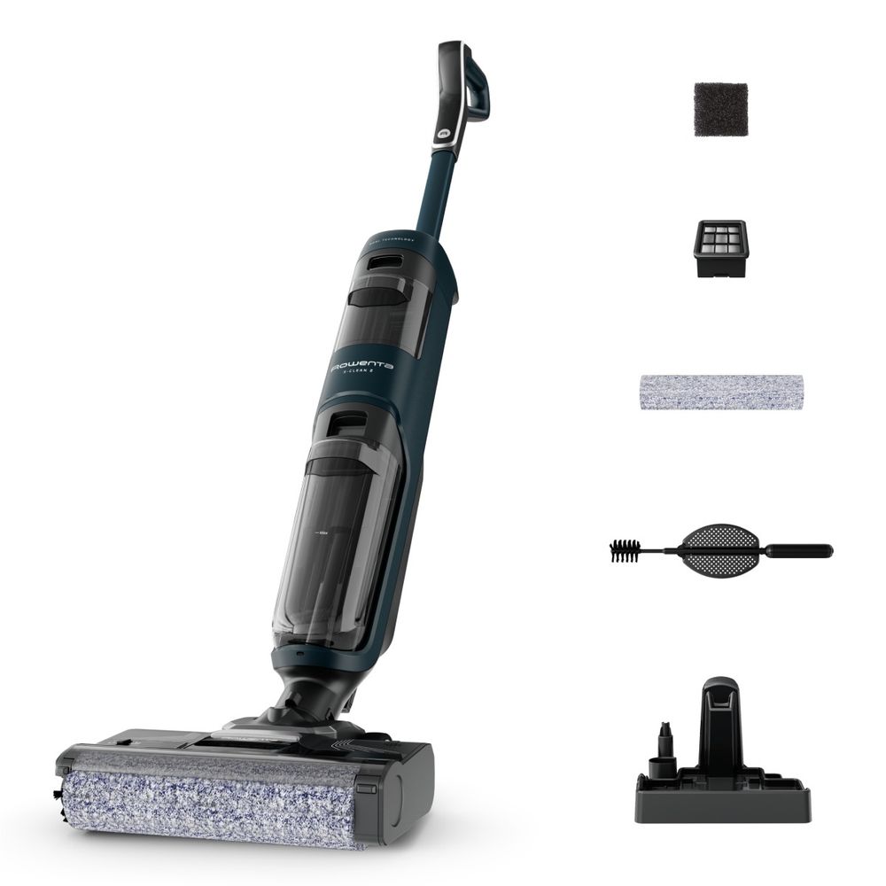 Aspirator cu spalare Rowenta X-Clean 2 GZ2251E0, 120W, 440 RPM, pana la 35 min autonomie, ecran LED, panou de control, verde & negru