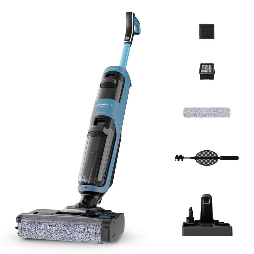 Aspirator cu spalare Rowenta X-Clean 2 GZ2271E0, 120W, 440 RPM, pana la 35 min autonomie, ecran LED, 2 role, panou de control, albastru & negru