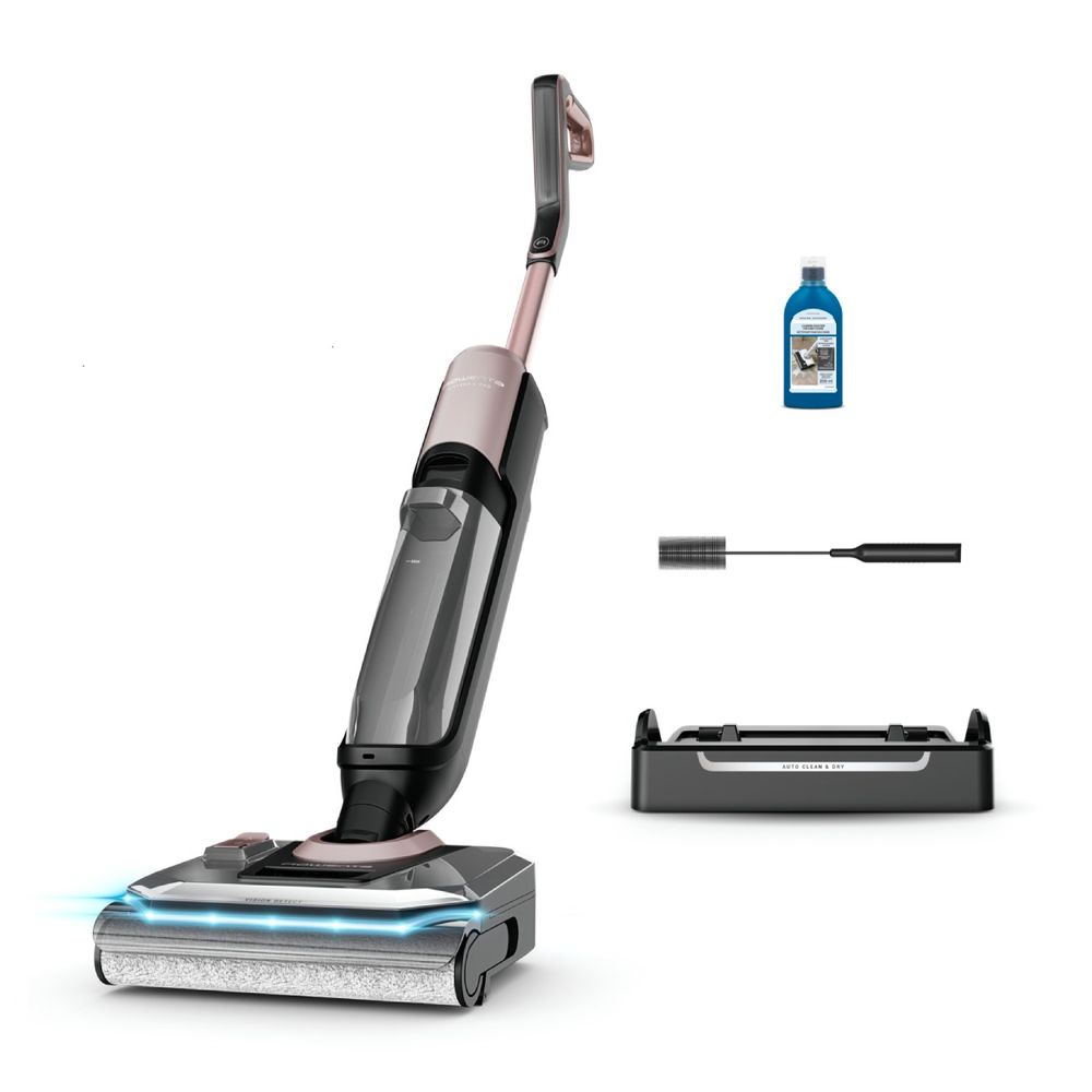 Aspirator cu spalare Rowenta X-Clean 6 Pro GZ4079E0, 280 W, 500 RPM, pana la 50 min autonomie, aspirare umeda si uscata, 3 moduri, design flexibil 180°, functie autocuratare si autouscare, afisaj LED, detergent inclus, negru & roz