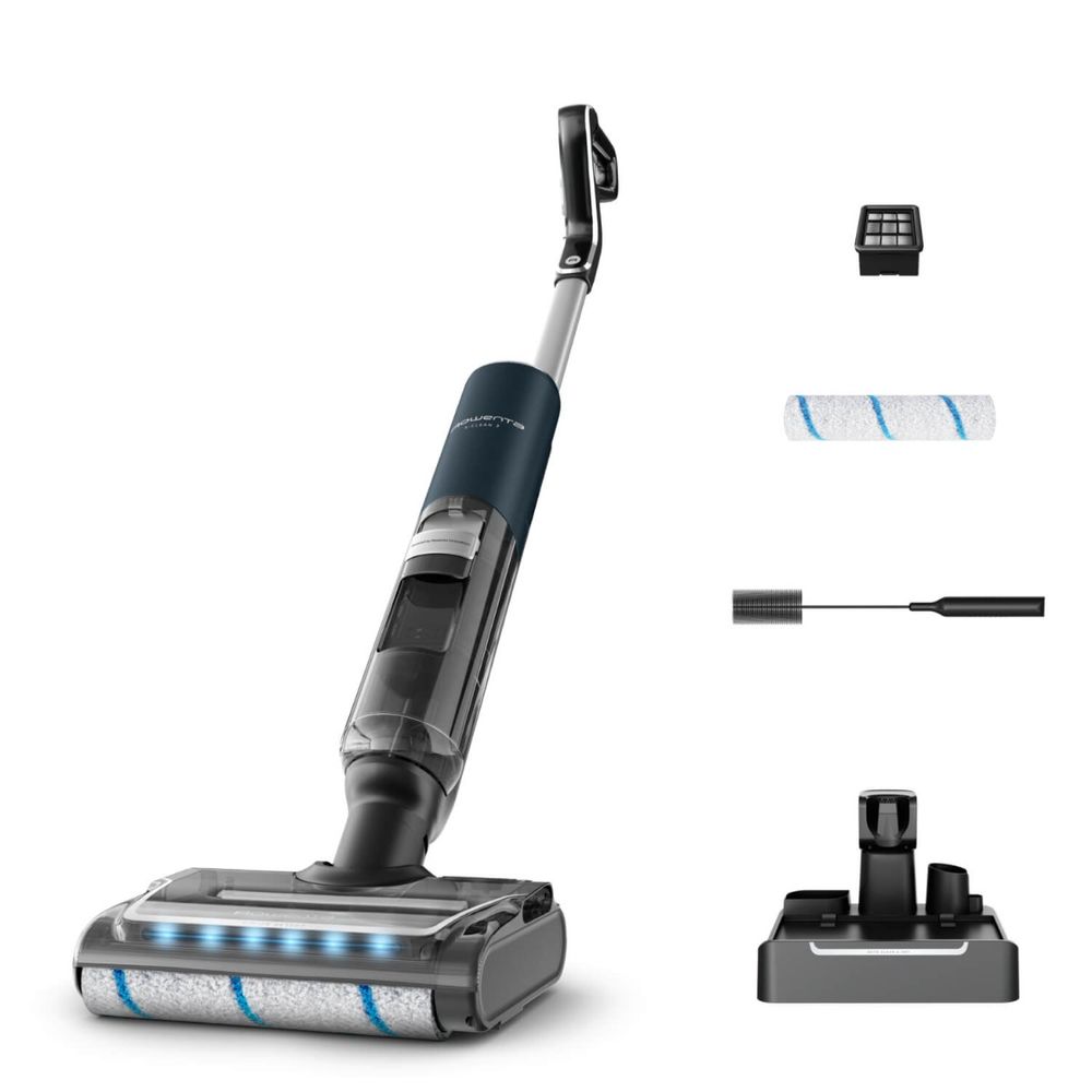 Aspirator cu spalare Rowenta X-Clean 7 GZ5735E0, 250 W, 530 RPM, pana la 50 min autonomie, ecran LED, functie uscare & autocuratare, baza de incarcare, verde & gri