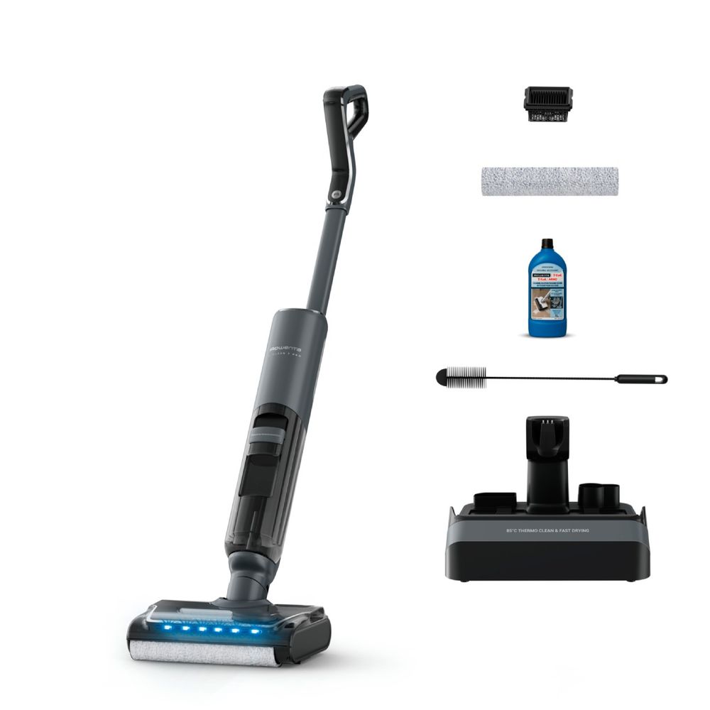Aspirator cu spalare Rowenta X-Clean 7 Pro GZ5856E0, 250 W, 530 RPM, pana la 50 min autonomie, aspirare umeda si uscata, functie autocuratare si autouscare, tehnologie anti-incalcire, afisaj LED, compatibil cu detergent, negru & gri