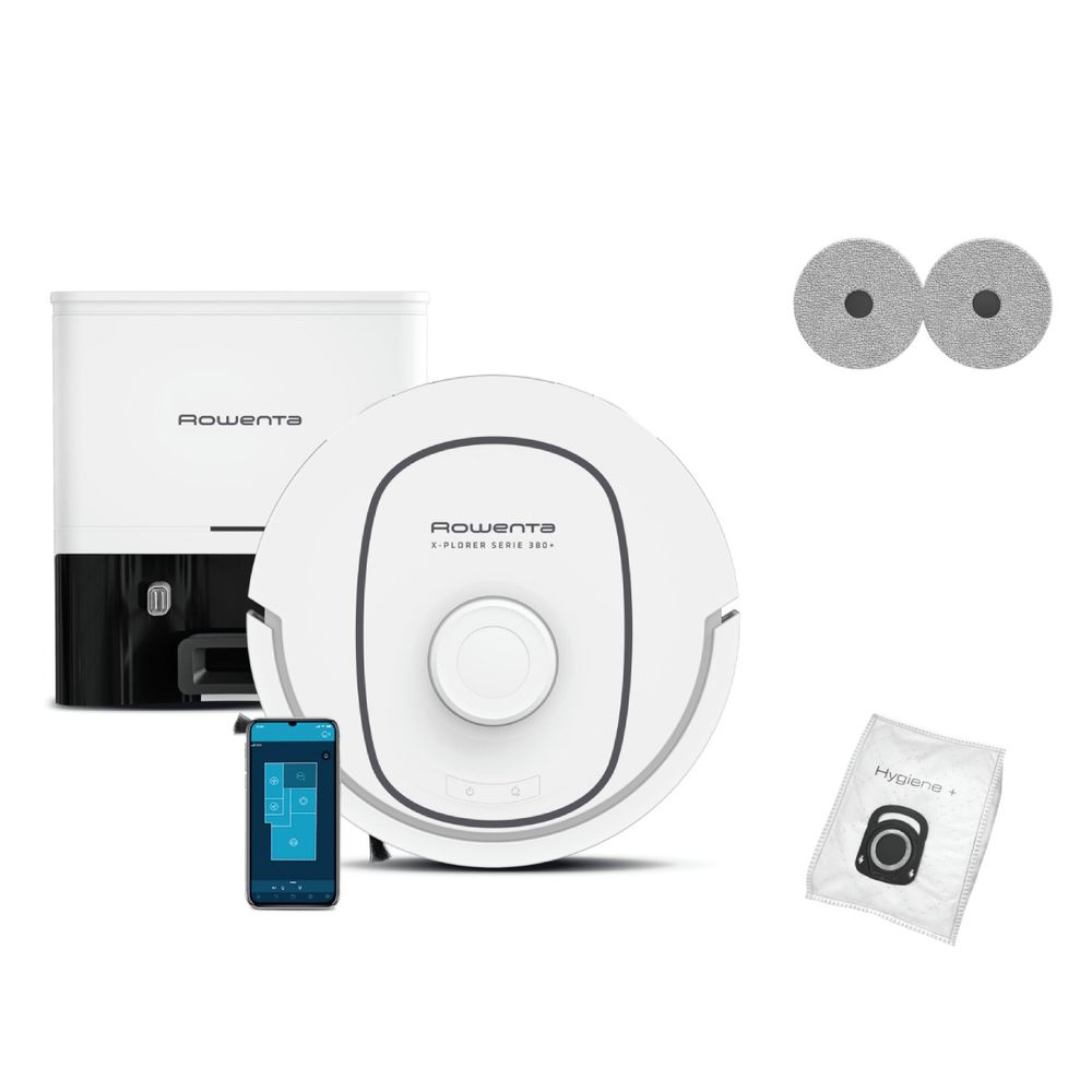 Aspirator robot Rowenta X-Plorer Serie 380+ RR89U7E0, putere 8.000 Pa, 120 minute, 4 trepte putere, management harti, statie de incarcare cu golire automata, recipient praf 0.22 L, laser LiDAR 360°, perie anti-incalcire, Wi-Fi, alb