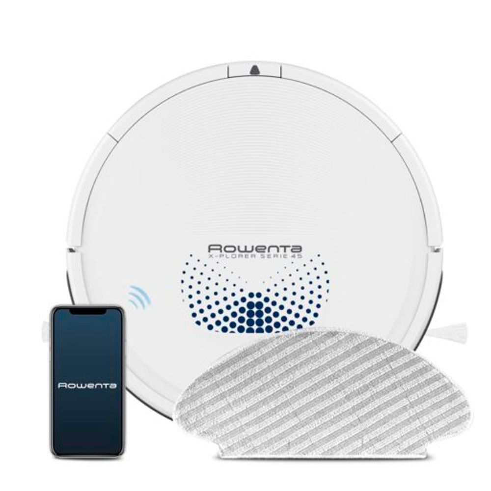 Aspirator robot Rowenta X-Plorer Serie 45 RR8277WH, 33W, 0.44L, Senzori infrarosu, 3 senzori de cadere, Mop incorporat, Autonomie 150 min, Aplicatie dedicata smartphone, alb