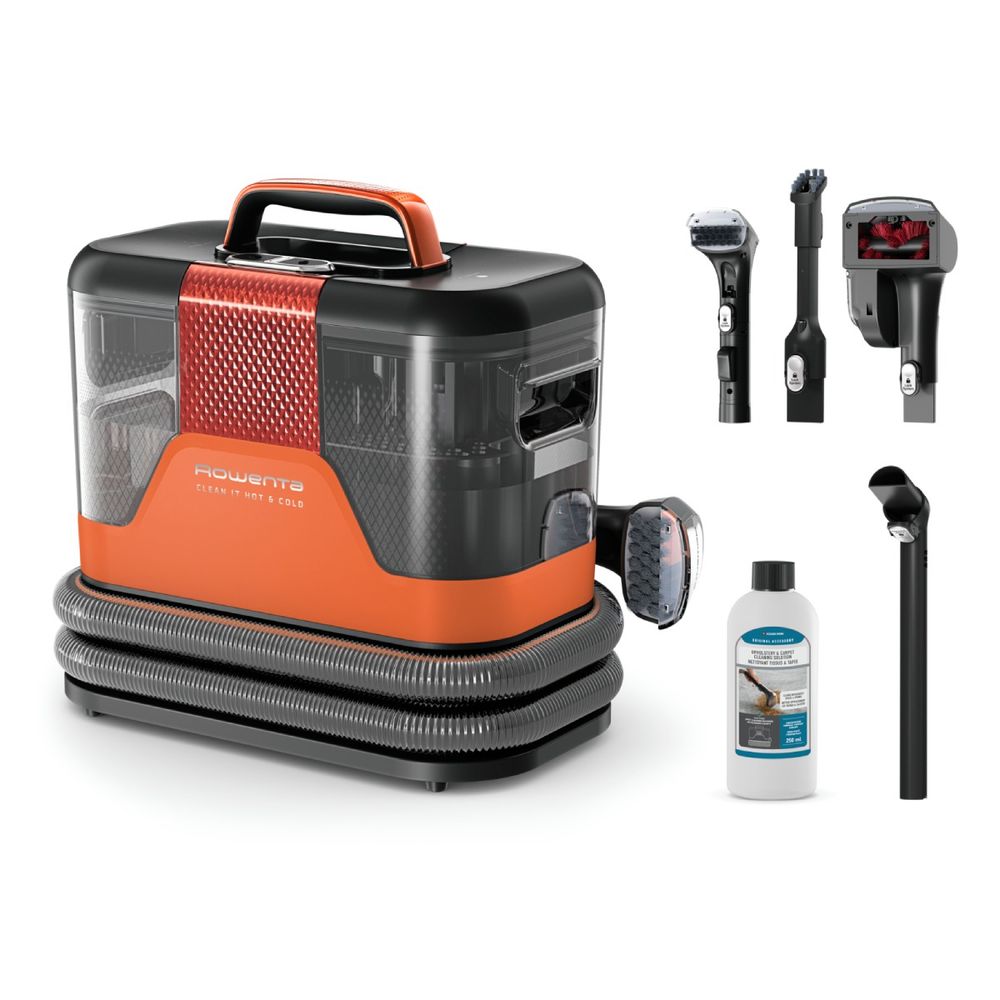 Aspirator tapiterie Rowenta Clean IT Hot & Cold IN7011F0, 1150 W, putere aspirare 13.5 kPa, rezervor apa & detergent 2.3 L, rezervor apa murdara 1.5 L, tehnologie PowerHeat, functie autocuratare, perie 8 cm, detergent inclus, portocaliu & negru