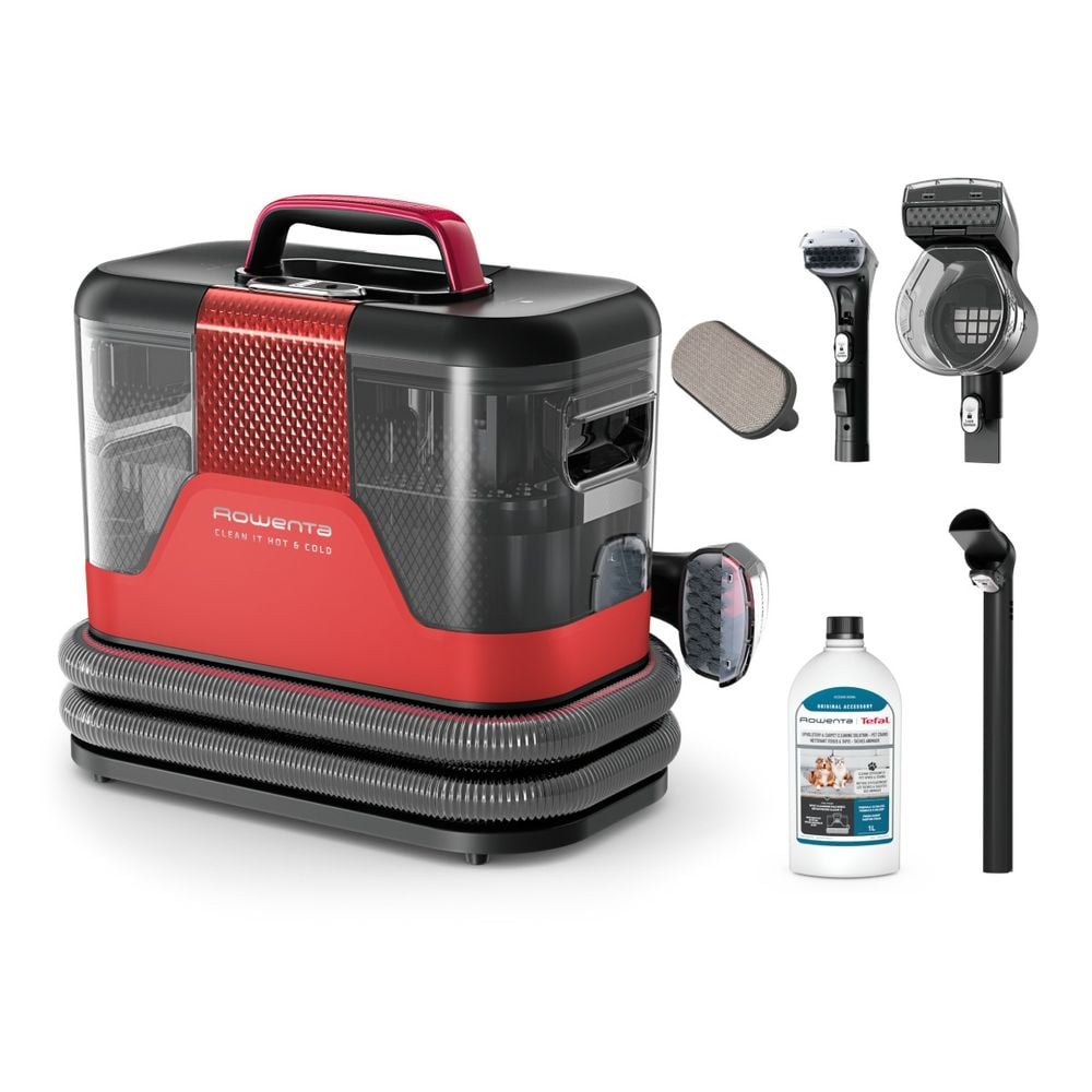 Aspirator tapiterie Rowenta Clean IT Hot & Cold IN7020F0, 1150 W, putere aspirare 13 kpa, rezervor apa & detergent 2.3 L, rezervor apa murdara 1.5 L, tehnologie PowerHeat, functie autocuratare, perie 8 cm, detergent inclus, rosu & gri