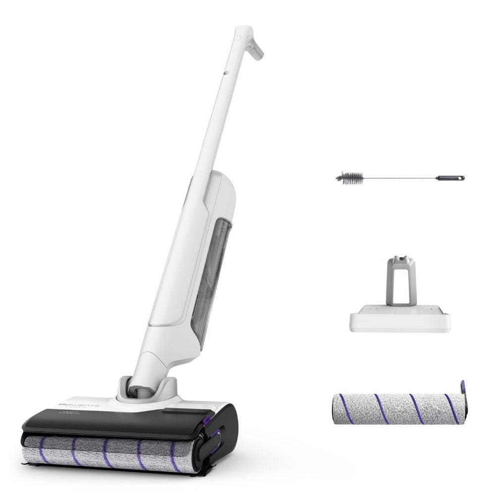 Aspirator cu spalare Rowenta X-Clean 10 GZ7540WO, 200W, 550 RPM, pana la 60 min autonomie, ecran LED, functie uscare & autocuratare, baza de incarcare, nivel scazut de zgomot, alb & argintiu