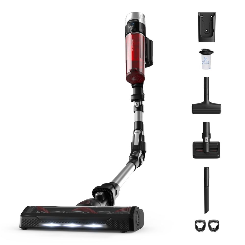 Aspirator vertical fara fir Rowenta X-Force Flex 9.60 Animal Care RH2077WO, 250W, 18.5V, autonomie 45 min, filtrare 99.9%, recipient praf 0.44 L, tub flexibil, perie cu iluminare LED, panou SmartControl, suport de perete cu incarcare, rosu & negru