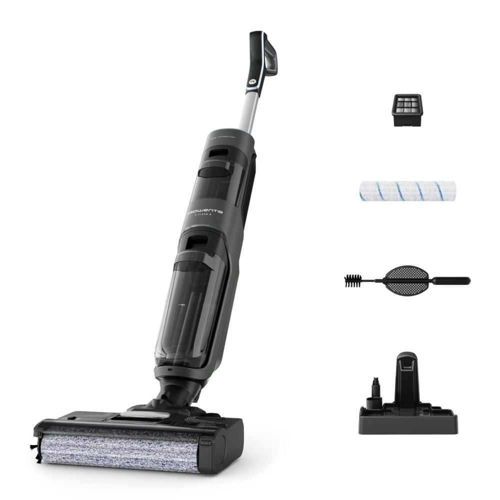 Aspirator cu spalare Rowenta X-Clean 4 GZ5037WO, 200W, 425 RPM, pana la 50 min autonomie, ecran LED, functie autocuratare, baza de incarcare, nivel scazut de zgomot, gri & negru