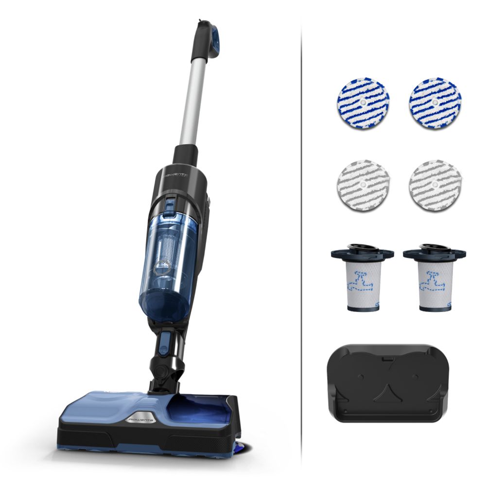 Aspirator vertical fără fir Rowenta X-COMBO GZ3038WO, 215 W, 2 in 1, Tehnologie Aerospin, autonomie 60 minute, timp de incarcare 4 ore, functie boost, recipient praf 0.55L , Negru/ albastru