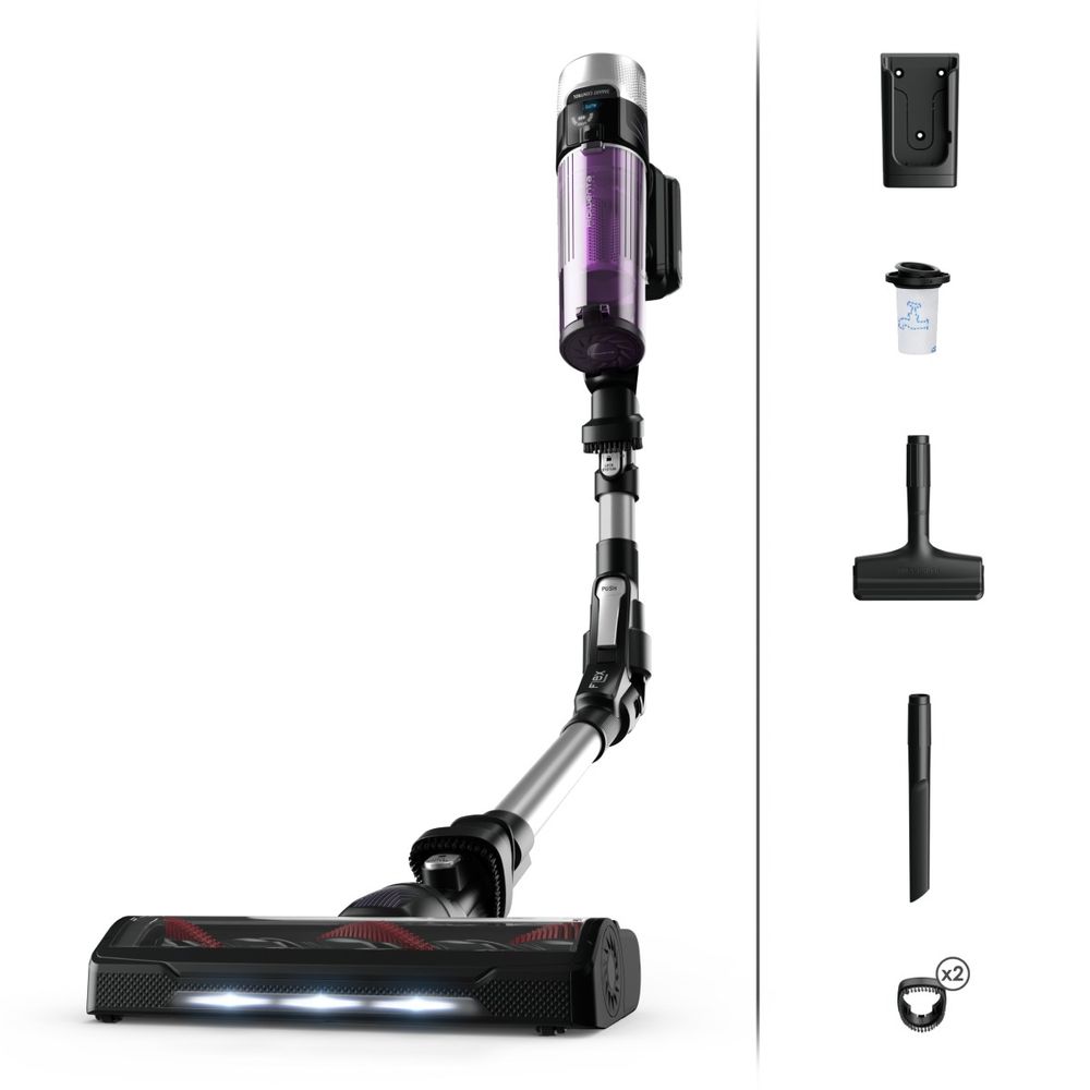Aspirator vertical fara fir Rowenta X-Force Flex 9.60 Allergy RH2037WO, 250 W, 100 Air Watts, autonomie pana la 45 min, recipient praf 0.44 L, tehnologie Flex, Smart Control Display, perie LED, negru & albastru