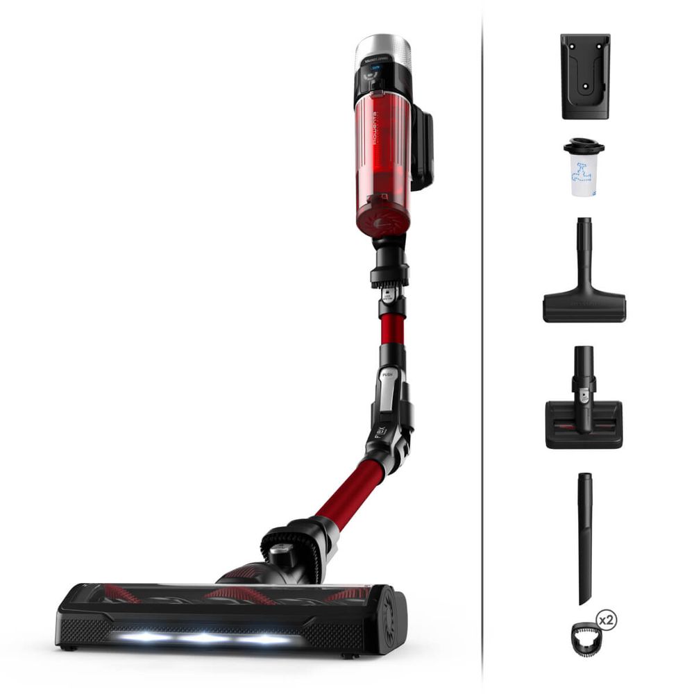 Aspirator vertical fara fir Rowenta X-Force Flex 9.60 Animal Care RH2079WO, 250W, putere de aspirare 100 air watts, autonomie 45 min, 3 trepte de putere, capacitate recipient praf 0.44L, tub flexibil, perie cu iluminare LED, rosu & negru
