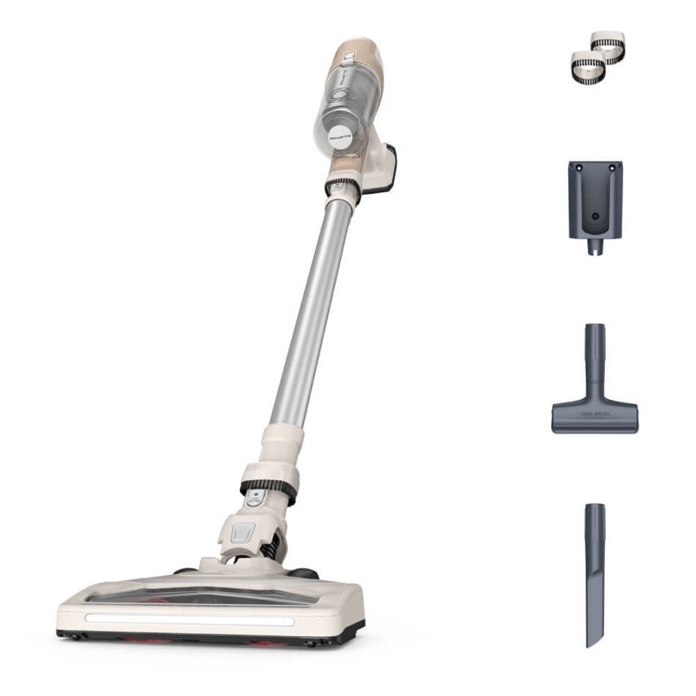 Aspirator vertical Rowenta X-Pert 6.60 Essential RH6830WO, 100W, 18V, autonomie 45 min, perie cu iluminare LED, recipient praf 0.55L, functie boost, argintiu & ivoar