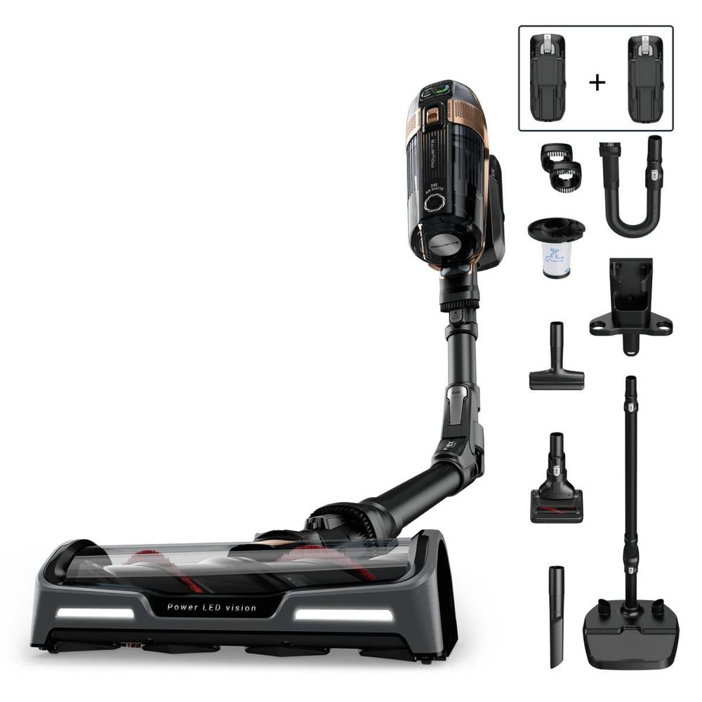 Aspirator vertical fara fir Rowenta X-Force Flex 15.60 Animal RH99F3WO, 550W, 2 baterii cu autonomie de cate 80 min, Tehnologie flex, display control, accesorii animal care, stație încărcare, recipient praf 0.9L, negru&maro