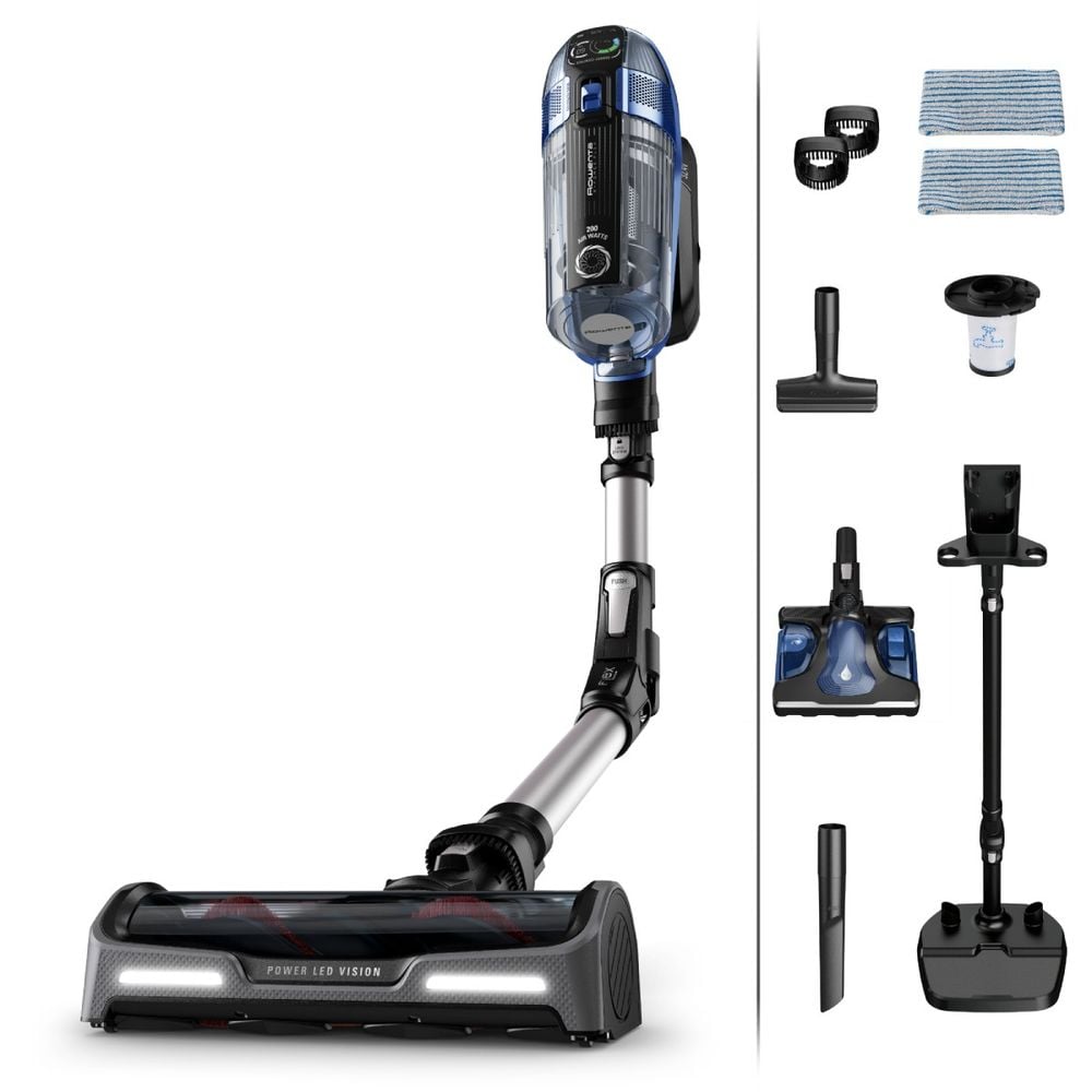 Aspirator vertical Rowenta X-Force Flex 14.6 Aqua RH99C3WO, 480 W, 200 AW, autonomie 70 minute, functie Boost, tub flexibil, iluminare LED, ajustare automata a puterii, sistem Aqua, gri & albastru