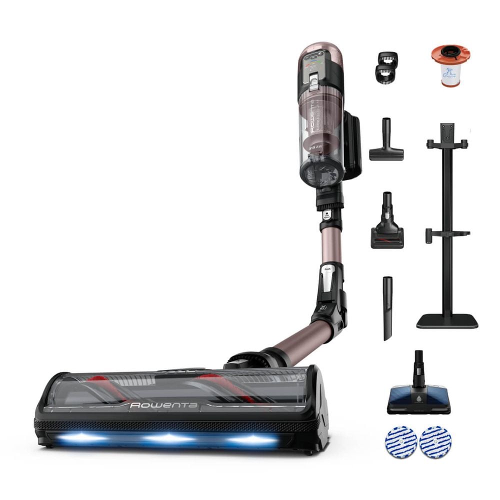 Aspirator vertical Rowenta X-Force Flex 16.60 Aqua RH9CD9E0, 780W, autonomie 120 min, tehnologie flex, display control, accesorii animal care, statie incarcare, recipient praf 0.65L, perie cu LED, roz&negru 