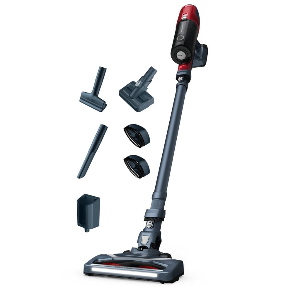 Aspirator vertical Rowenta X-Pert 6.60 Animal Care RH6878WO, 100W, 18V, autonomie 45 min, filtrare 94%, perie cu iluminare LED, recipient praf 0.55 L, accesorii animal care, functie boost, rosu & gri