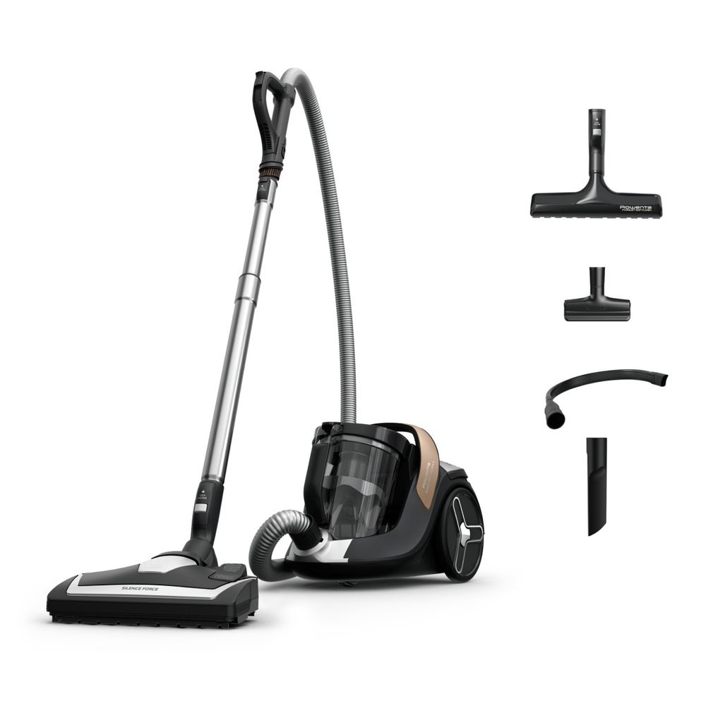 Aspirator fara sac Rowenta Silence Force Cyclonic 8 RO7C44E0, 900 W, recipient praf 2.5 L, nivel zgomot 66 dB, raza de actiune 9 m, filtrare HEPA 99.98%, perie PowerGlide Silent, perie parchet, accesoriu flexibil XL, duza tapiterie, negru & maro