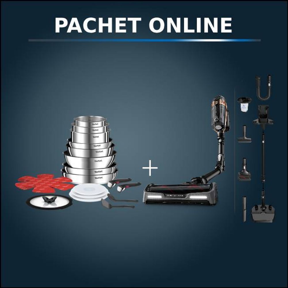 Pachet PROMO Rowenta Aspirator vertical fără fir X-Force Flex15.60 RH99F1WO si Set 20 piese Tefal Ingenio Emotion L897SJ04
