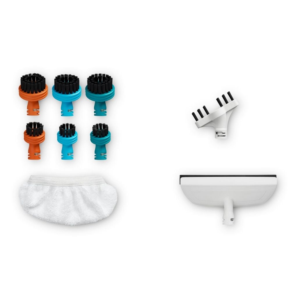 Kit 10 accesorii Rowenta ZR850003, cu 7 perii, 1 racleta pentru geam si 2 fibre pentru racleta, compatibil cu aspiratorul cu abur Rowenta Clean & Steam Multi, seriile RY85xx