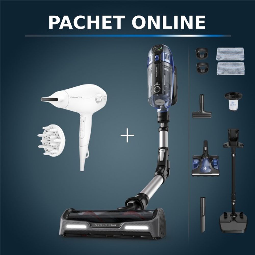 Pachet PROMO Aspirator vertical fara fir Rowenta X-Force Flex 14.6 Aqua RH99C3WO si Uscator de par ROWENTA Volumizer CV6130F0