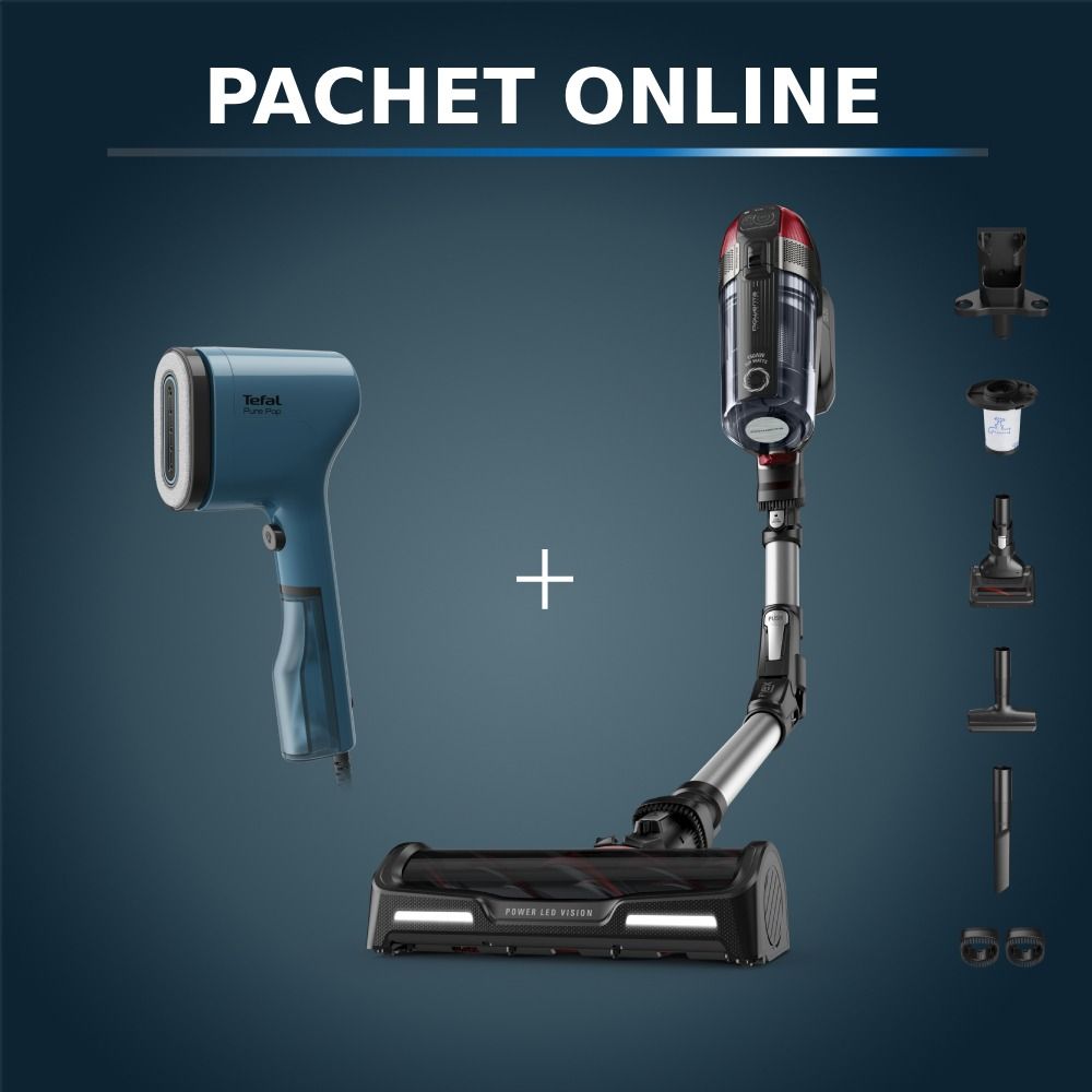 Pachet PROMO Aspirator vertical fara fir Rowenta X-Force Flex 12.60 RH98A7WO & Aparat de calcat vertical Tefal Pure Pop DT2020E1