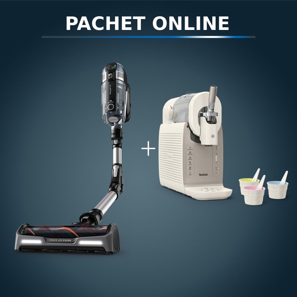 Pachet PROMO Aspirator vertical Rowenta X-Force Flex 14.60 RH9958WA & Aparat de inghetata Tefal Freezi IG801AE0