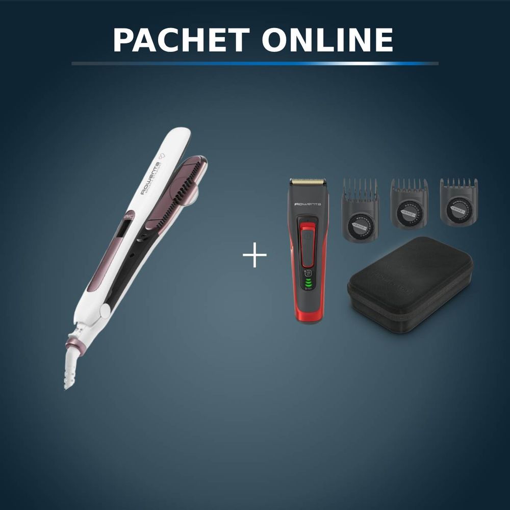 Pachet PROMO Placă de îndreptat părul Rowenta Brush&Straight Premium Care SF7510F0 & Aparat de tuns părul Rowenta Advancer TN5221F4