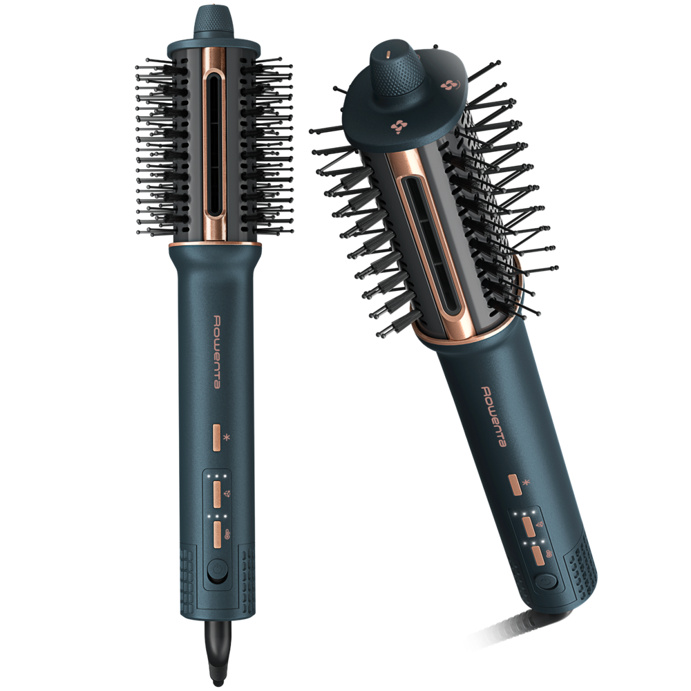 Perie cu aer cald 3 in 1 Rowenta Air Brush 3D UB9720E0, 1100W, non-rotativa, generator de ioni, 3 trepte de viteza & temperatura, functie jet de aer rece, varf rece, verde & bronz