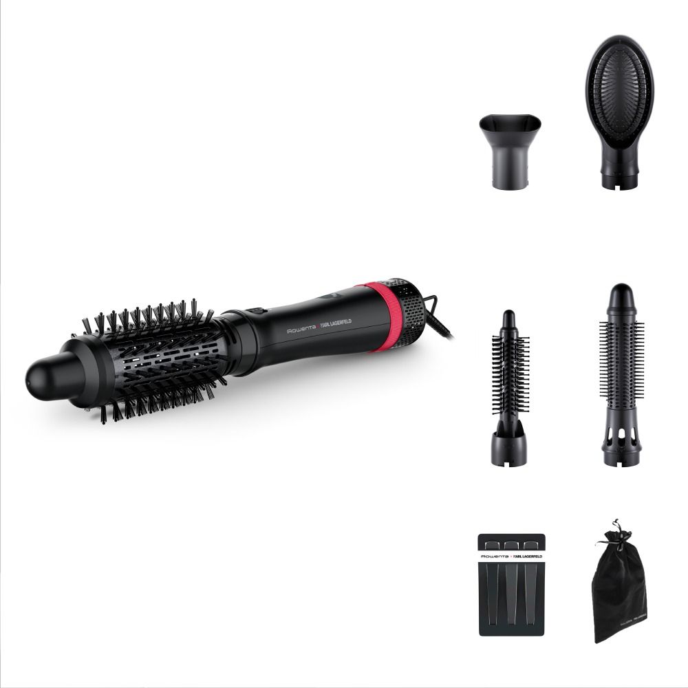 Perie cu aer cald Rowenta x Karl Lagerfeld Express Style CF635LF0, 800W, cablu rotativ 360°, 3 trepte de viteza / temperatura, 5 accesorii, invelis Keratin & Glow, functie hair respect, negru