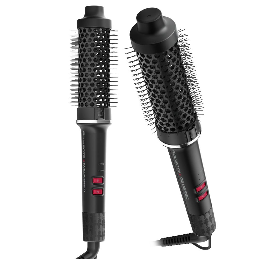 Perie cu aer cald Rowenta x Karl Lagerfeld Powerbrush UB572LE0, 55 W, 2 trepte de temperatura, non-rotativa, invelis ceramic, generator de ioni, diametru 38 mm, varf rece, inel de agatare, negru & rosu