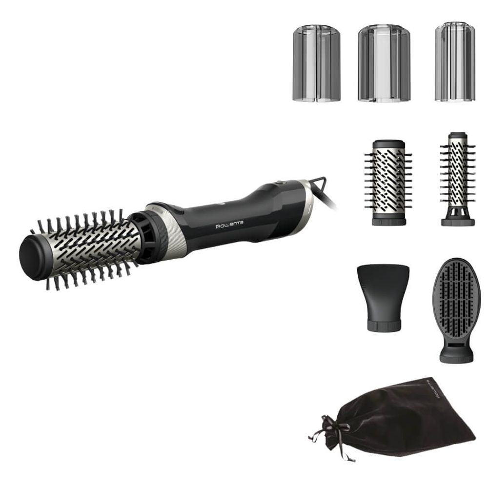 Perie rotativa cu aer cald Rowenta Brush Activ UB9540F0, 1000W, 2 perii rotative 40/50mm, 1 perie fixa 30 mm, o perie cu padela, 1 concentrator aer, husa inclusa, functie jet de aer rece, generator de ioni, invelis ceramic, negru & argintiu