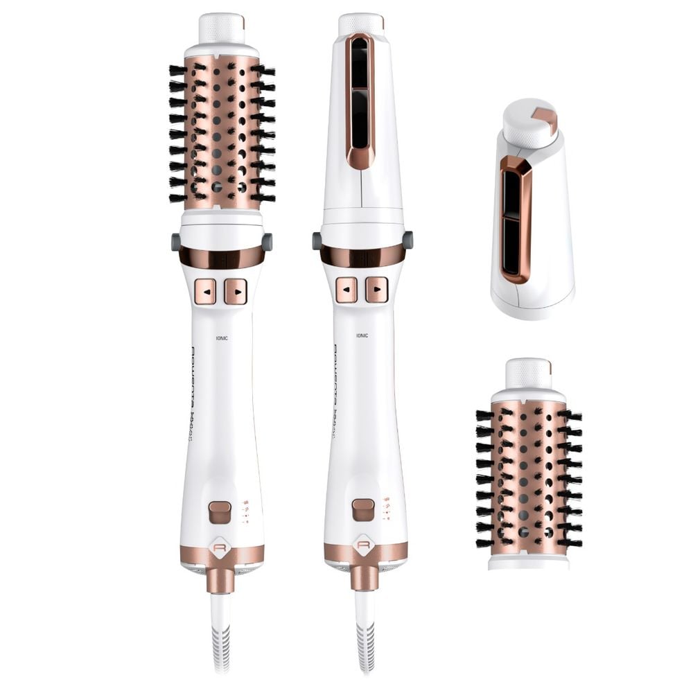 Perie rotativa cu aer cald Rowenta Brush Activ Ultimate Care CF9720F0, tehnologie Careful Heat, invelis quart ceramic, tehnologie Ionic Booster, design compact, 3 trepte de viteza, concentrator, alb