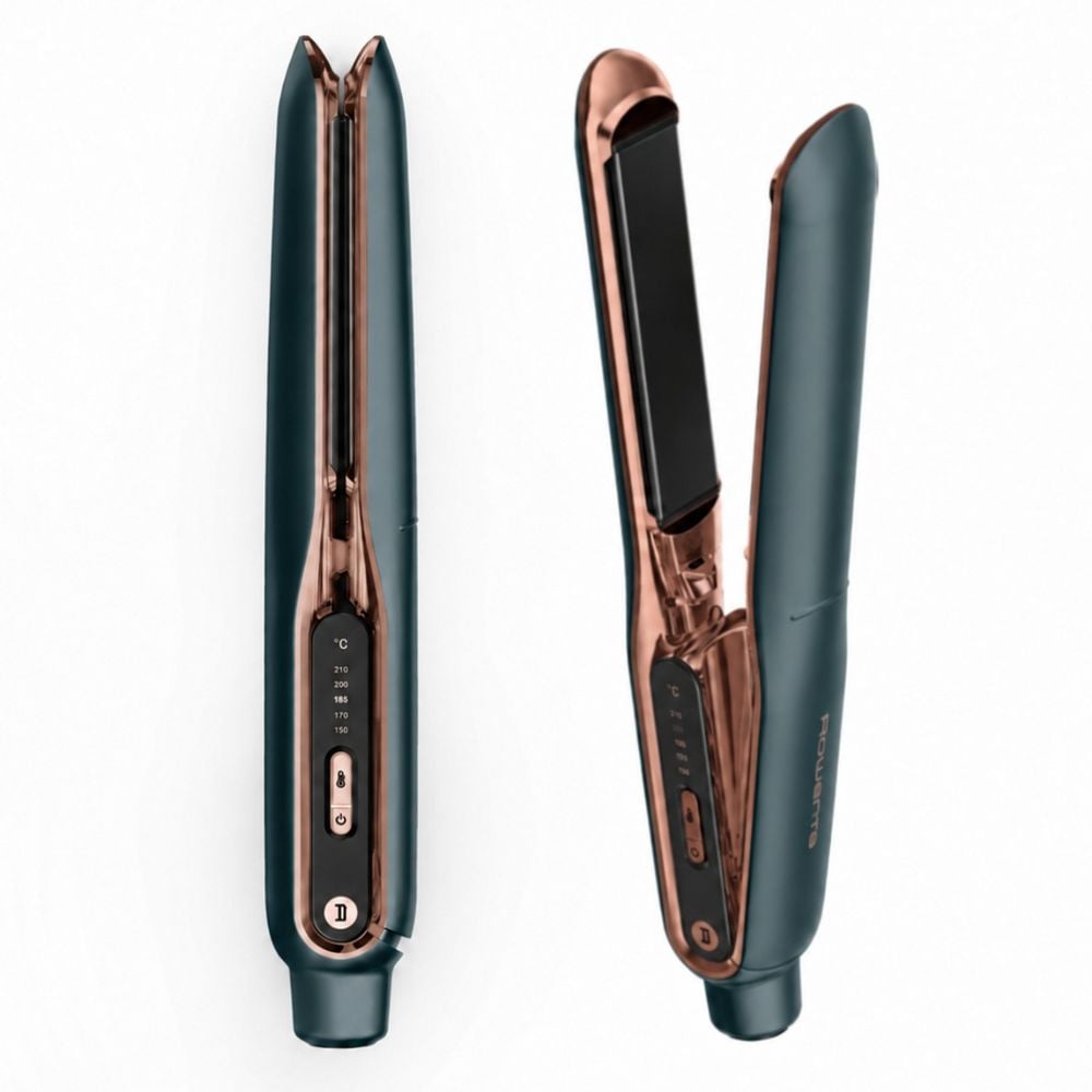 Placa de indreptat parul Rowenta Thermocare SF8122E0, 42 W, 5 trepte temperatura 150 - 210°C, incalzire 20 sec, tehnologie Thermocare, invelis din titan, functie ionica, placi flotante, ecran LED, oprire automata, husa inclusa, gri & roz