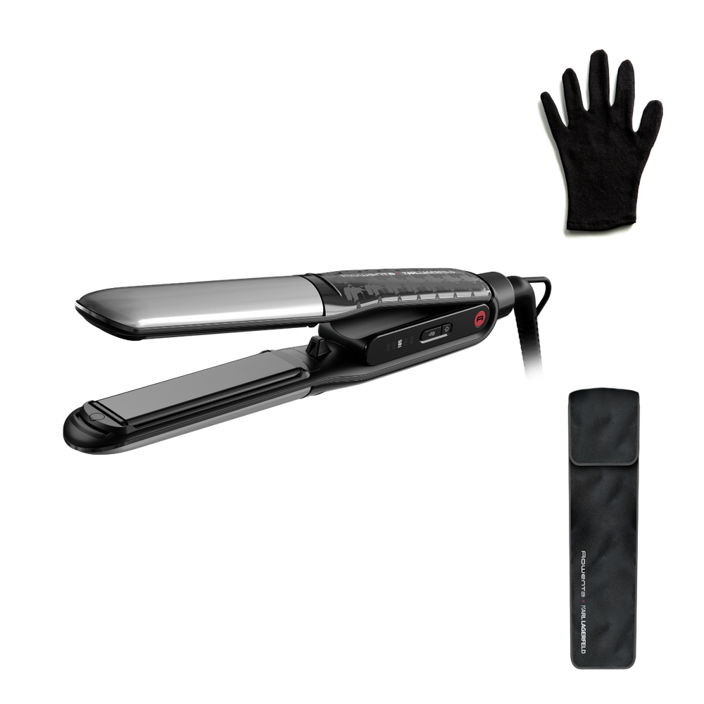 Placa de par Rowenta Karl Lagerfeld Thermostyle SF712LE0, invelis ceramic, tehnologie cu ioni, 5 trepte de temperatura, functie boost, oprire automata, negru 