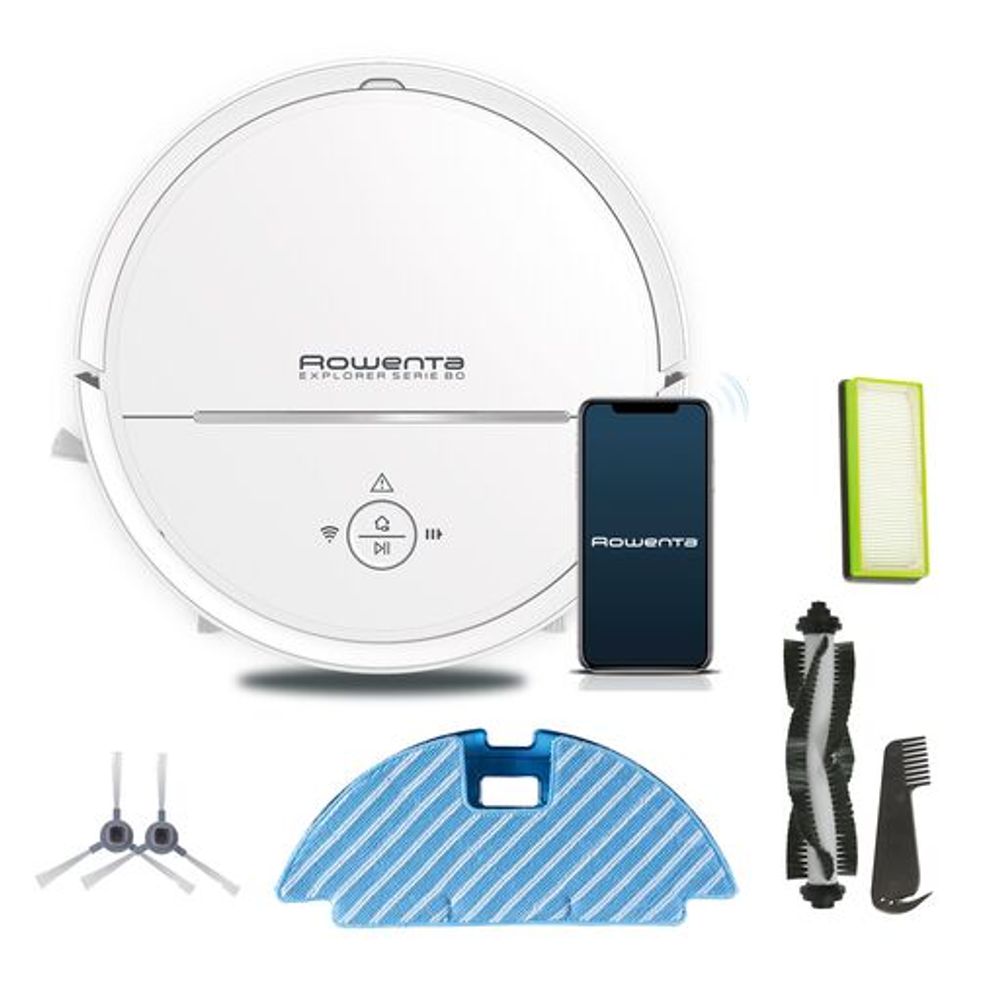 Aspirator robot Rowenta X-Plorer Animal Serie 80 RR7747WH, 33W, recipient 0.7l, compatibil cu smartphone-ul, perie Animal Turbo, functie mapare, programabil, Sistem Aqua Force, Alb
