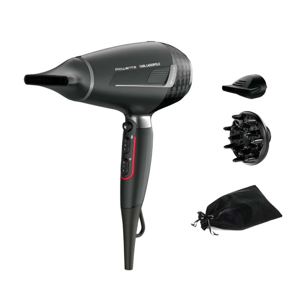 Uscător de păr Rowenta x Karl Lagerfeld Pro Stylist CV888LF0, 2200W, Tehnologia Rowenta Air-to-Care, invelis Keratin&Glow, 3 accesorii, jet de aer rece, cablu 1.8m, negru&gri