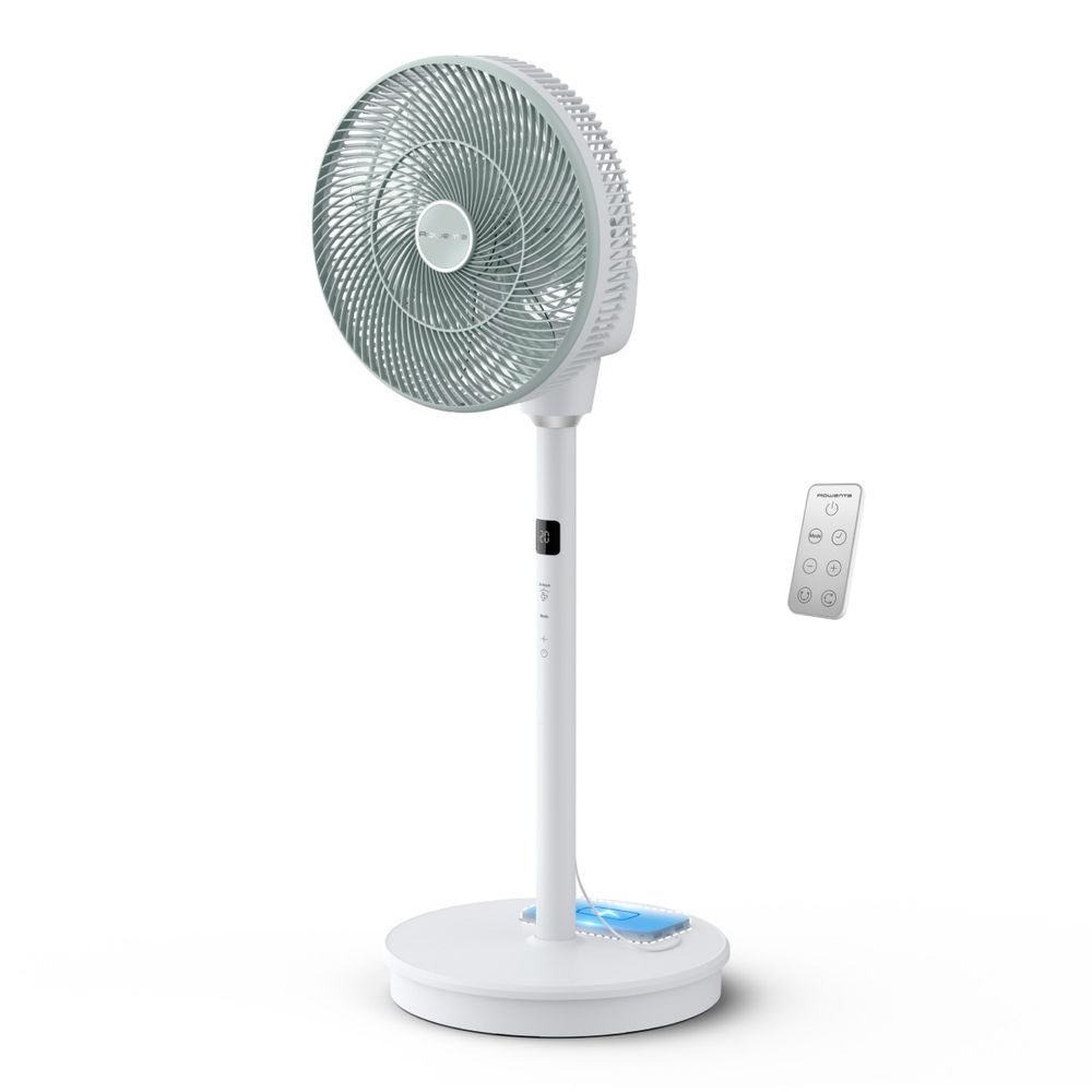 Ventilator cu picior Rowenta Turbo Silence Compact 3D Nomad QV5050F0, 20 W, 3 moduri automate, 20 trepte de viteza, telecomanda inclusa, inaltime ajustabila, motor Effitech, timer, cronometru, alb