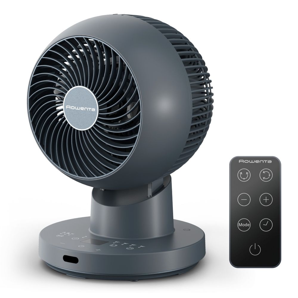 Ventilator pentru birou Rowenta Turbo Silence Compact 3D QV2540F1, 22 W, 3 moduri automate, 12 trepte de viteza, telecomanda inclusa, oscilatie multidirectionala, oprire automata, design compact, albastru
