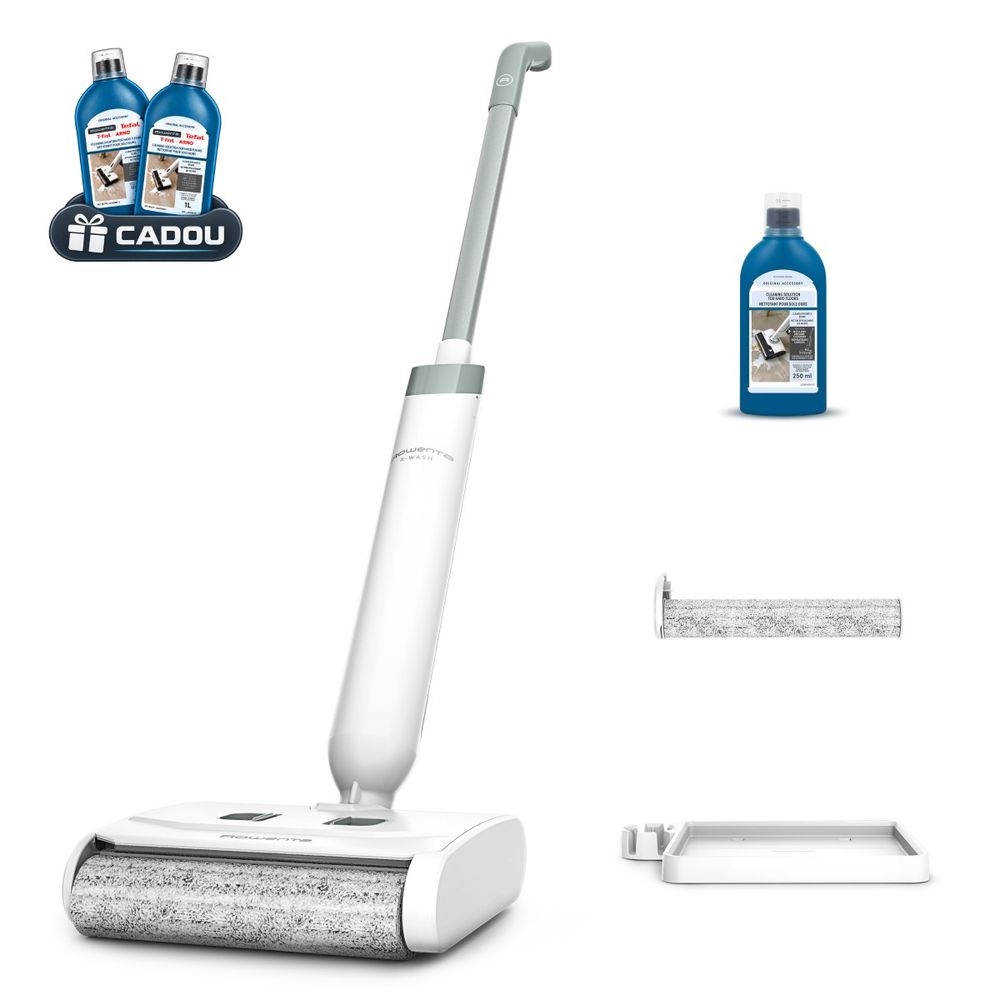 Aspirator cu spalare Rowenta X-Wash GZ1032E0, 370 RPM, pana la 40 min autonomie, aspirare umeda si uscata, 2 moduri, design flexibil 180°, rola motorizata din microfibra, compatibil cu detergent, rola suplimentara si detergent incluse, alb & verde
