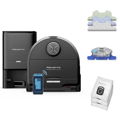 Aspirator robot Rowenta X-Plorer Serie 240 AI+ RR9695WH, aspirator si mop, autonomie 120 min, recipient praf 0.35L, statie de incarcare si golire praf, mop Smart Aqua Power, negru